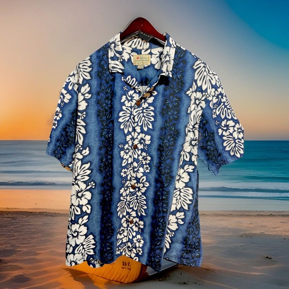 Royal Hawaiian Creations Men’s Short Sleeve Shirt XL Blue/White N49